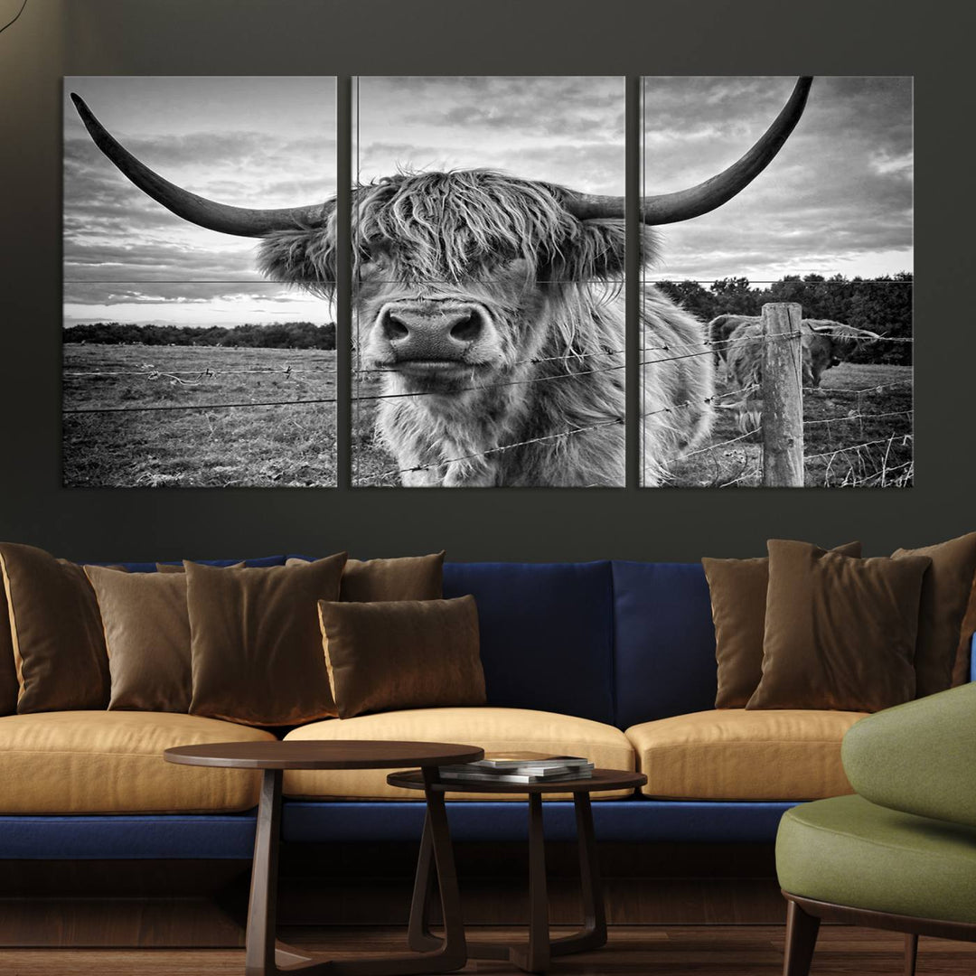 Scottish Highland Cow Wall Art Canvas Print | Ready to Hang and Framed | Rustic Farmhouse Decor