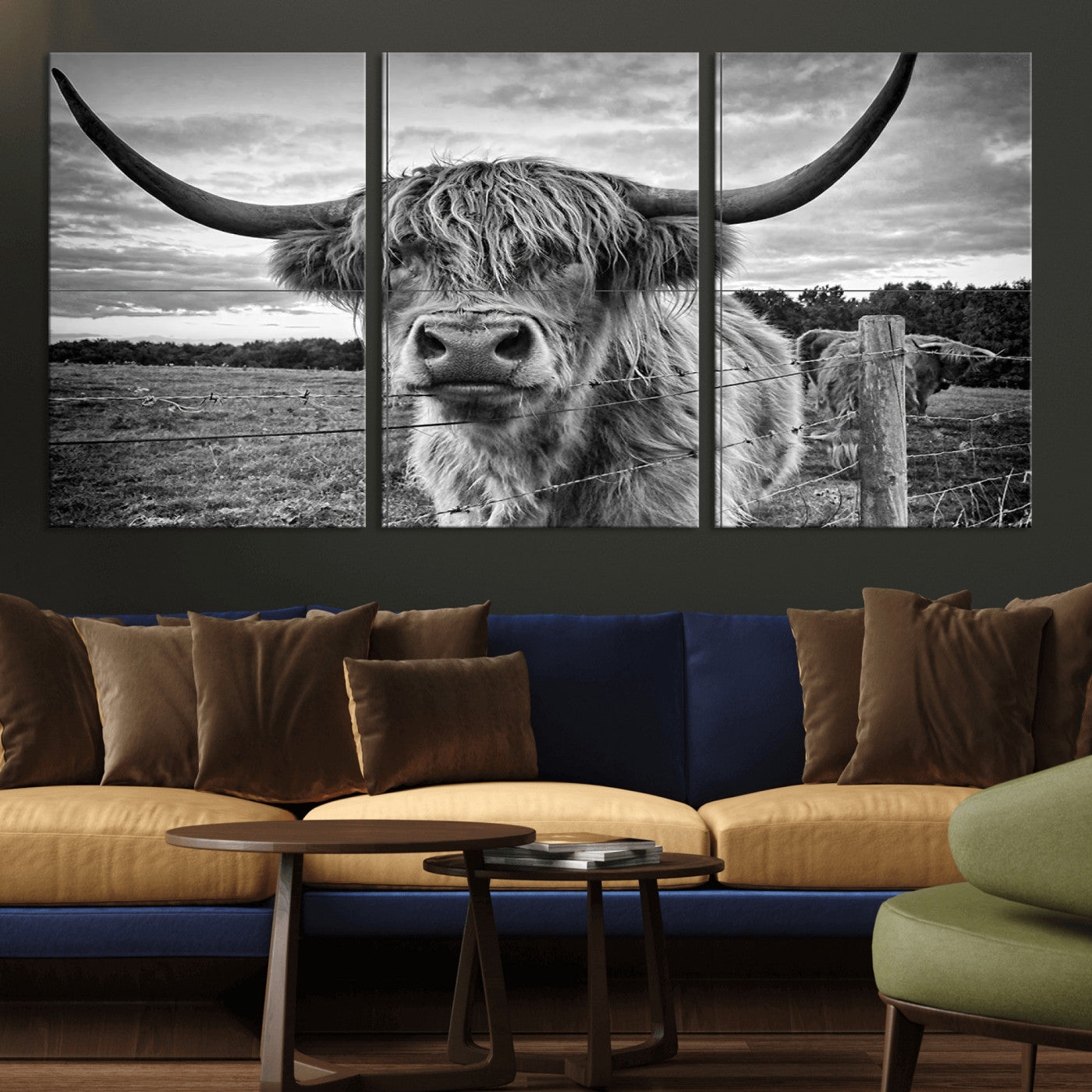 MGV-CV-60X30-3P - Scottish Highland Cow Wall Art Canvas Print | Ready to Hang and Framed | Rustic Farmhouse Decor