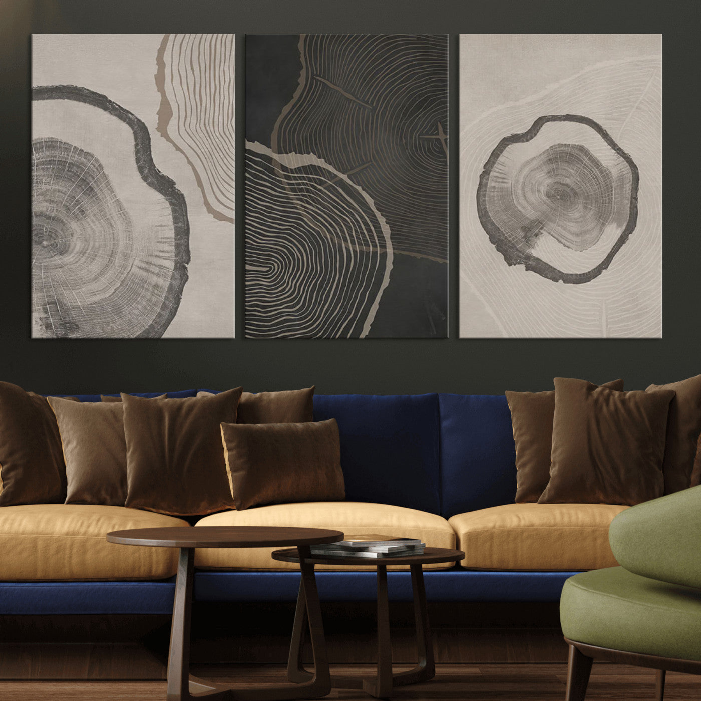 25407-MGV-CV-60X30-3P - Modern Abstract Tree Ring Canvas Art Set | 3 Panel Large Tree Ring Design for Living Room, Office,