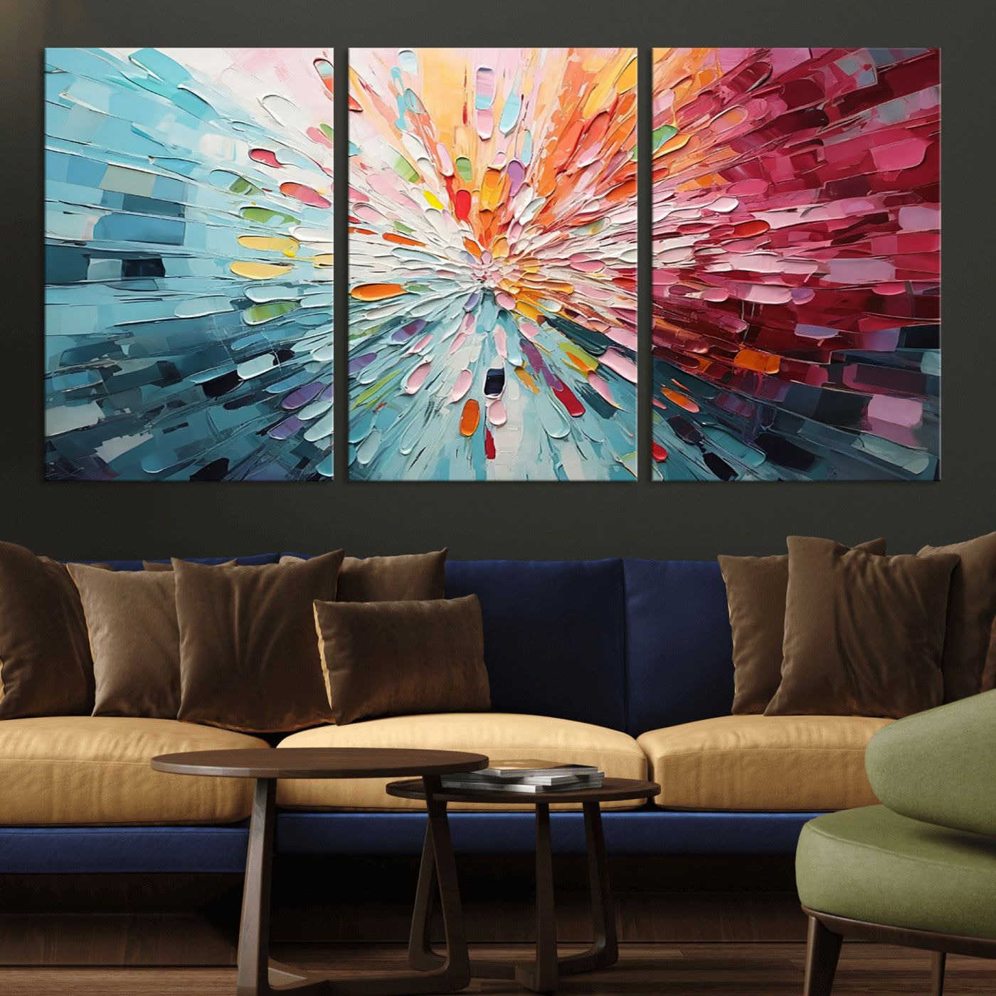 MGV-CV-60X30-3P - Radiant Bloom Abstract Floral Wall Art Canvas Print - Colorful Burst - Modern Living Room Decor -