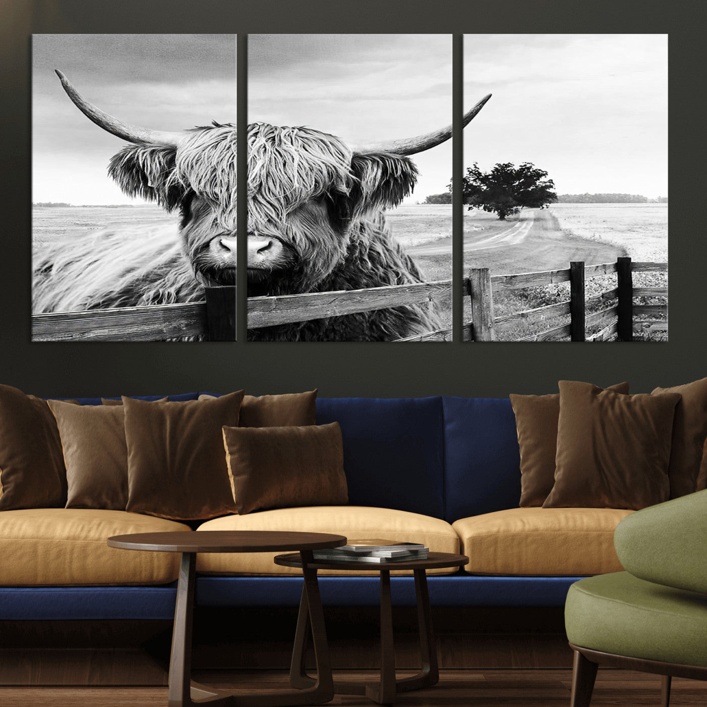 MGV-CV-60X30-3P - Scottish Highland Cow Wall Art | Rustic Farmhouse Décor | Black and White Ready to Hang Canvas Print