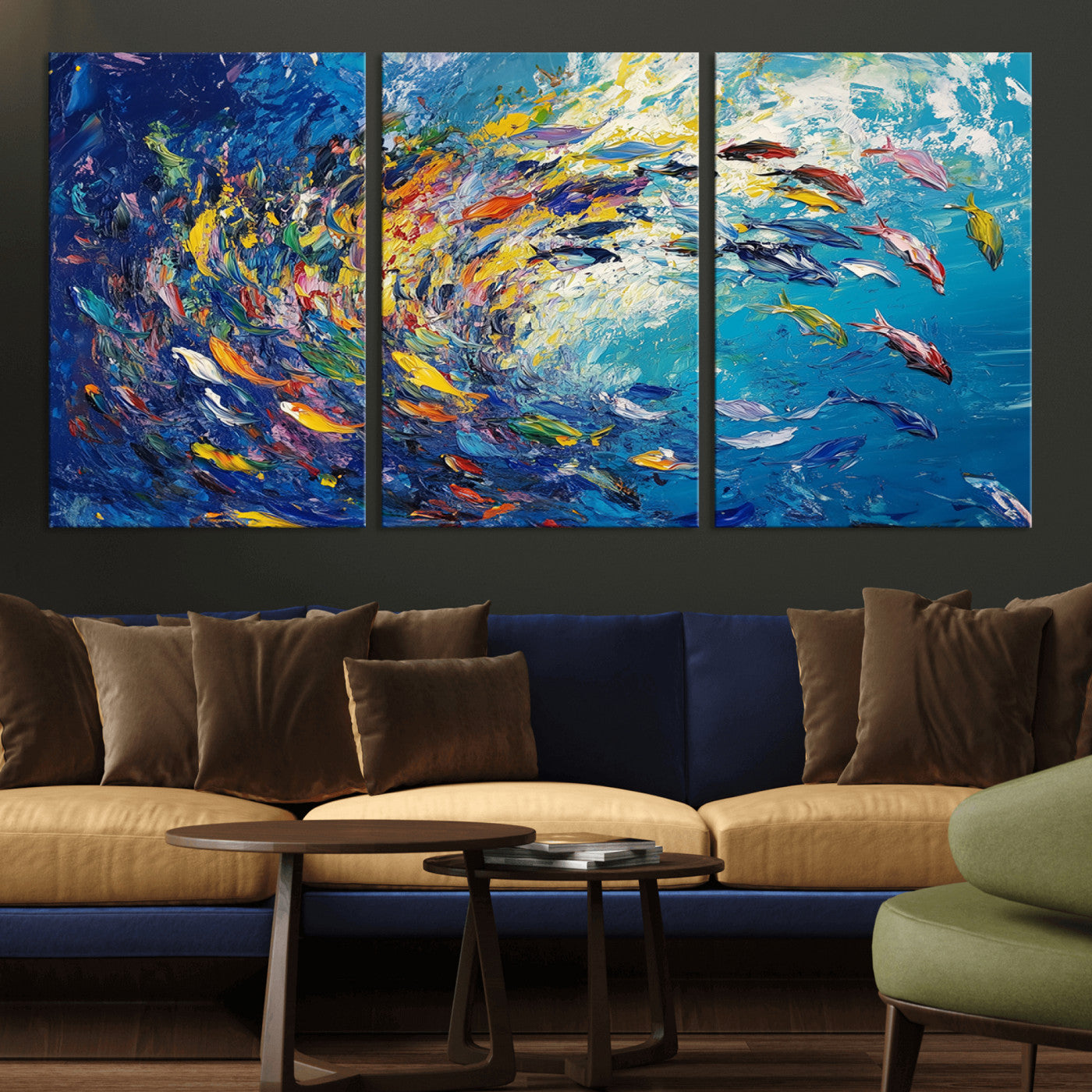 MGV-CV-60X30-3P - Colorful Swirling Fish School Wall Art Canvas Print | Oceanic Abstract Painting | Ready to Hang |