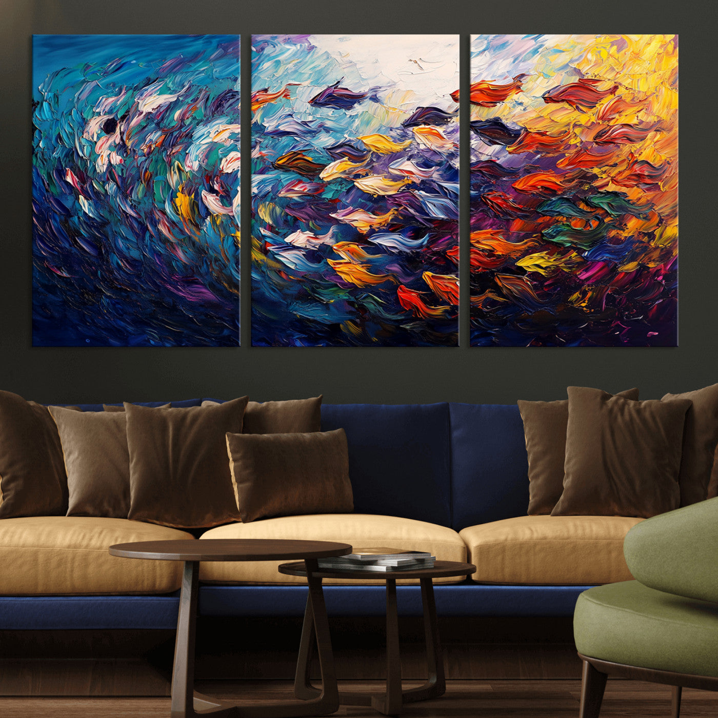 MGV-CV-60X30-3P - Vibrant Abstract Fish Swarm Art – Colorful Fish Inspired 3-Piece Canvas Wall Art for Living Room or