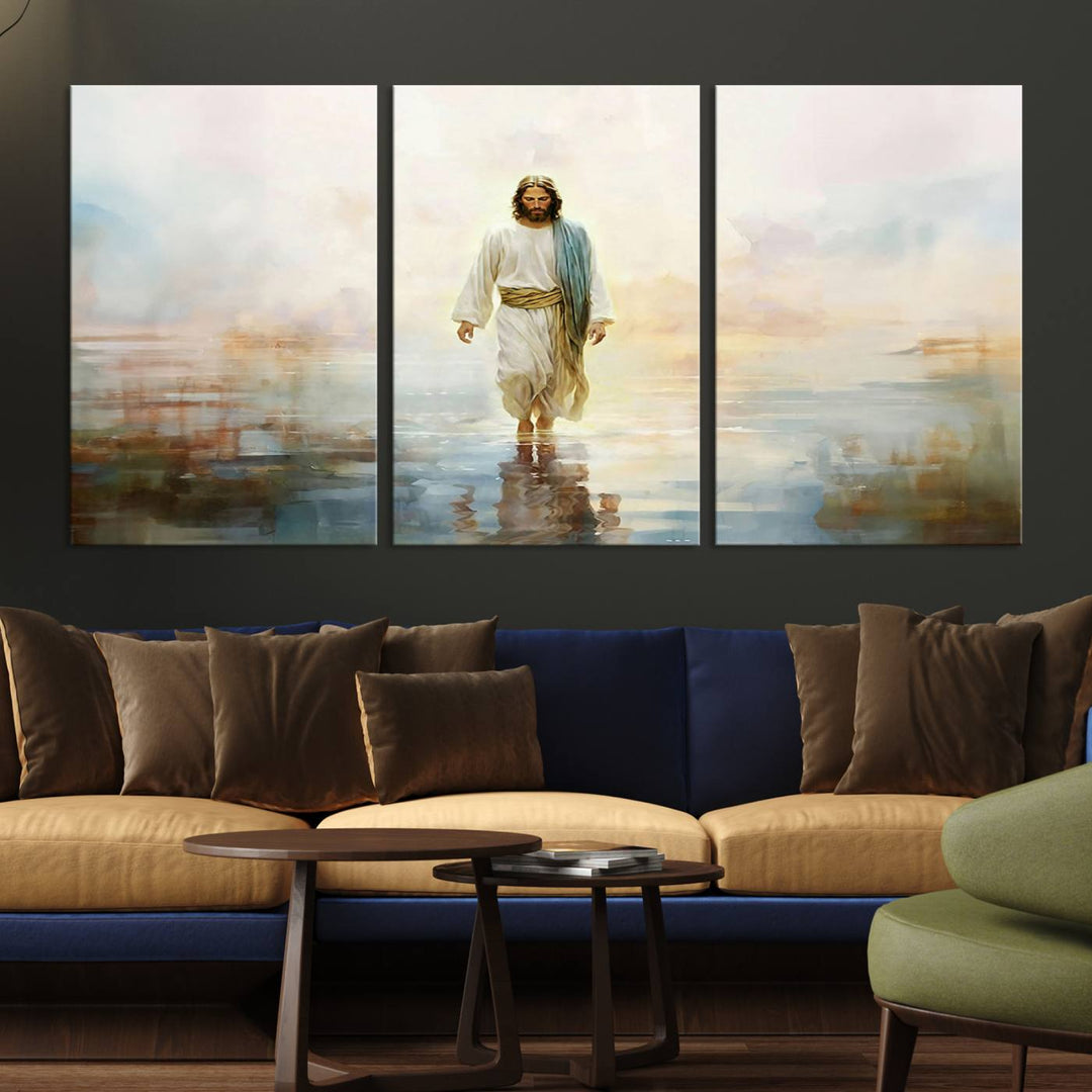 The 3-panel Framed Jesus Walking on Water Wall Art showcases a serene religious scene.