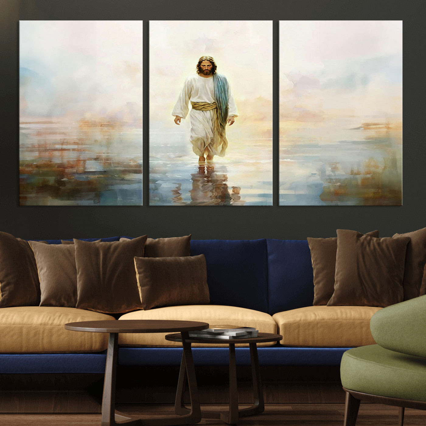 MGV-CV-60X30-3P - Framed Jesus Walking on Water Wall Art - 3-Panel Christian Canvas Prints, Religious Artwork for
