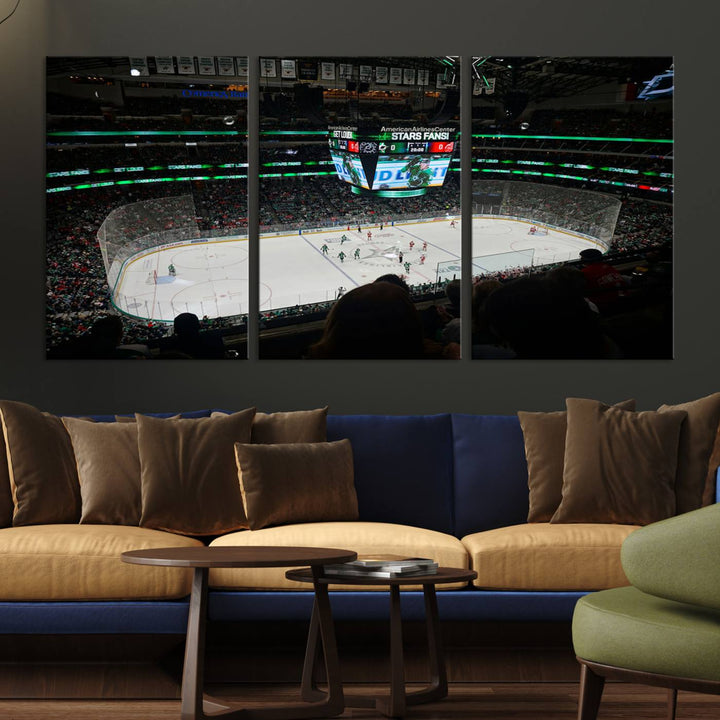 The Dallas Stars Wall Art Canvas Print is as clear as the scoreboard stats at a hockey game in a large arena with bright lights.