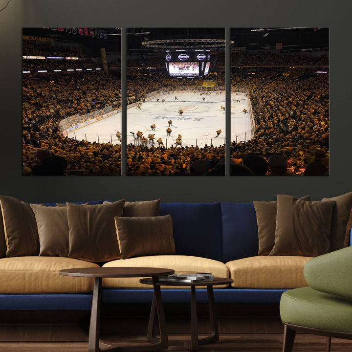 A captivating triptych canvas print, titled "Bridgestone Arena - Nashville Predators Hockey Team Print," adorns the wall. This Nashville wall art canvas print is perfect for Predators fans who appreciate sports-themed decor.