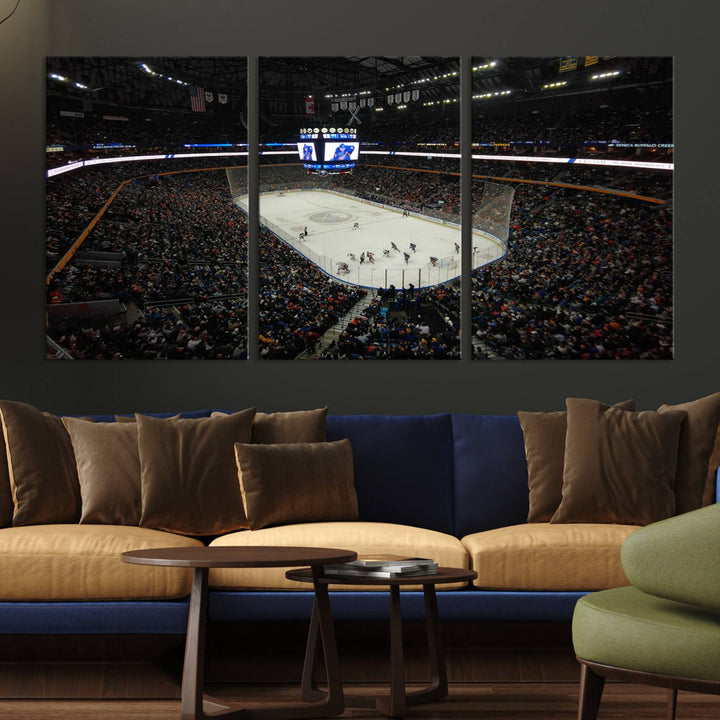 The nautical-themed room is enhanced by the KeyBank Center New York Buffalo Sabres Hockey Stadium Wall Art Canvas Print, a three-panel depiction of a bustling hockey arena with a gallery-quality finish. This canvas artwork, handmade in the USA, introduces an element of sporting elegance to your decor.