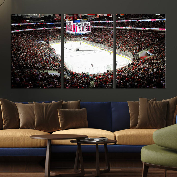 The living room features the PNC Arena Raleigh North Carolina Hurricanes Hockey Stadium Wall Art Canvas Print, which depicts a crowded ice hockey stadium with enthusiastic fans and an ongoing game, all rendered in high-resolution on museum-quality canvas.