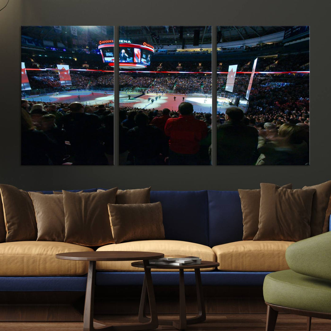 Experience the intense atmosphere of a full-capacity ice hockey game at Rogers Arena, home of the Vancouver Canucks, captured on museum-quality canvas.