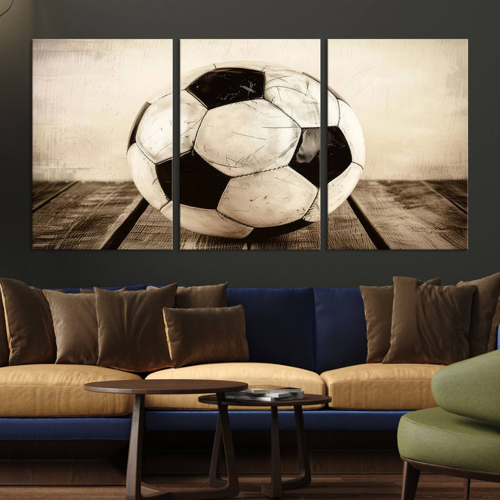 Vintage Soccer Ball Triptych Canvas Art – 3-Panel Soccer Wall Decor, Framed and Ready to Hang Sports Art for Home, Office, or Gym