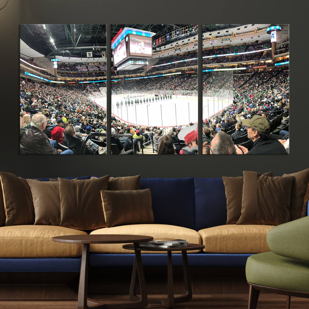 The Xcel Energy Center St Paul Minnesota Wild Ice Hockey Stadium Wall Art Canvas Print captures a packed hockey arena with spectators watching players on the ice. It is elegantly preserved on museum-quality canvas with vibrant details protected by a UV-protective coating.