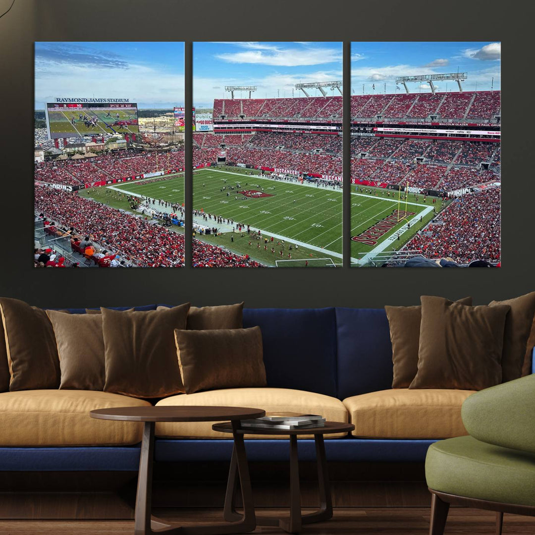 The Florida Tampa Raymond James Stadium Wall Art Canvas Print is featured above the cabinet.