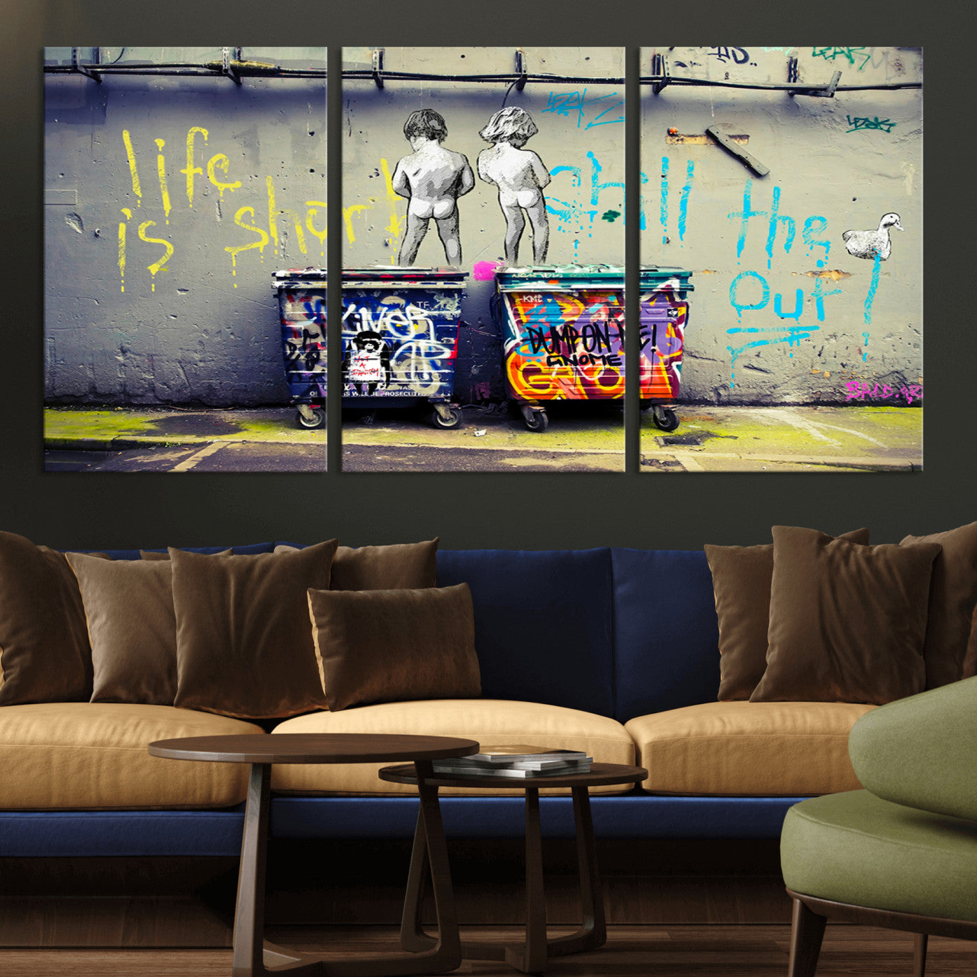 MGV-CV-60X30-3P - Banksy Life is Short Wall Art - Iconic Graffiti Art on Framed Ready-to-Hang Canvas - Street Art