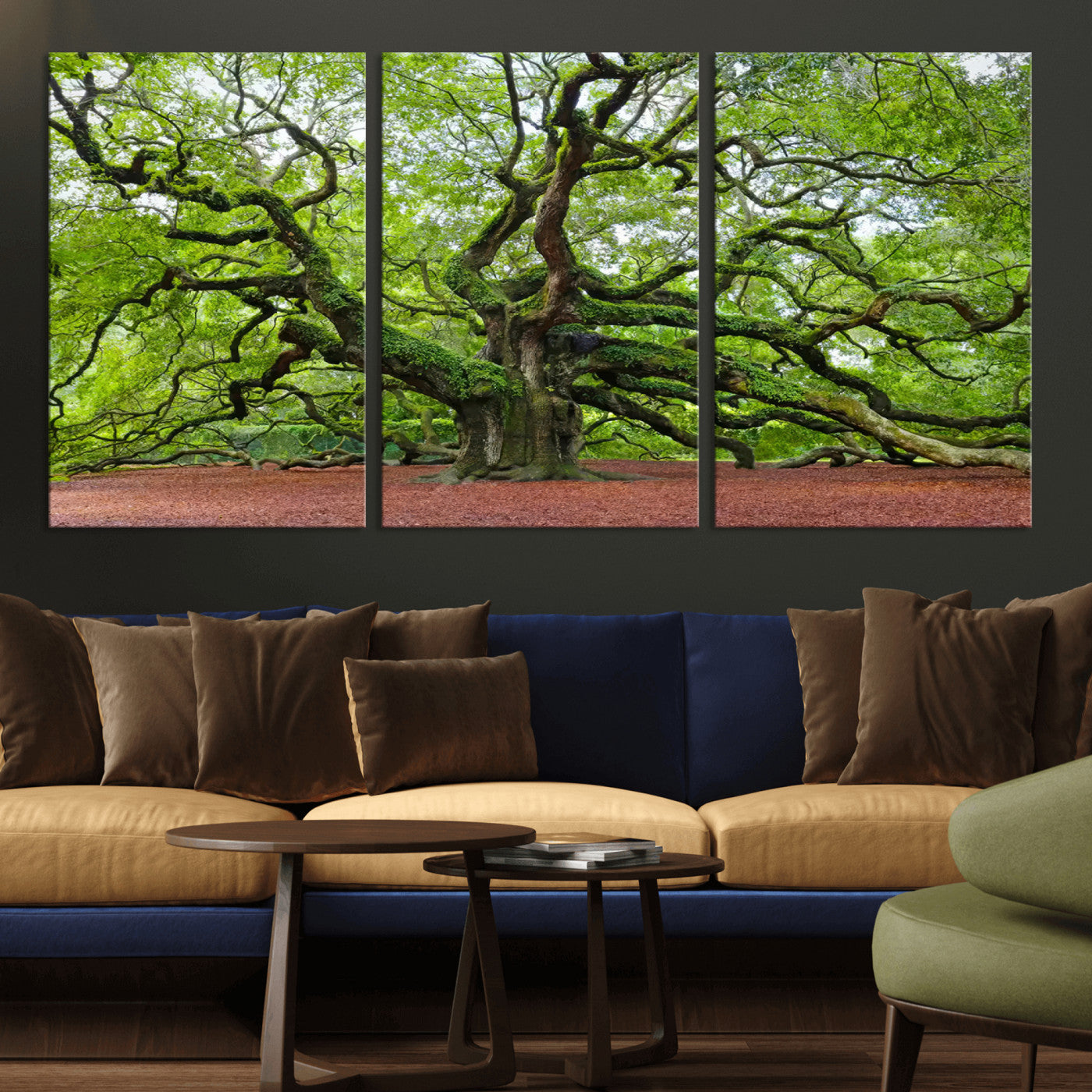 MGV-CV-60X30-3P - Framed Angel Oak Tree Wall Art - 3-Panel Canvas Prints, Large Green Nature Artwork, Ready to Hang