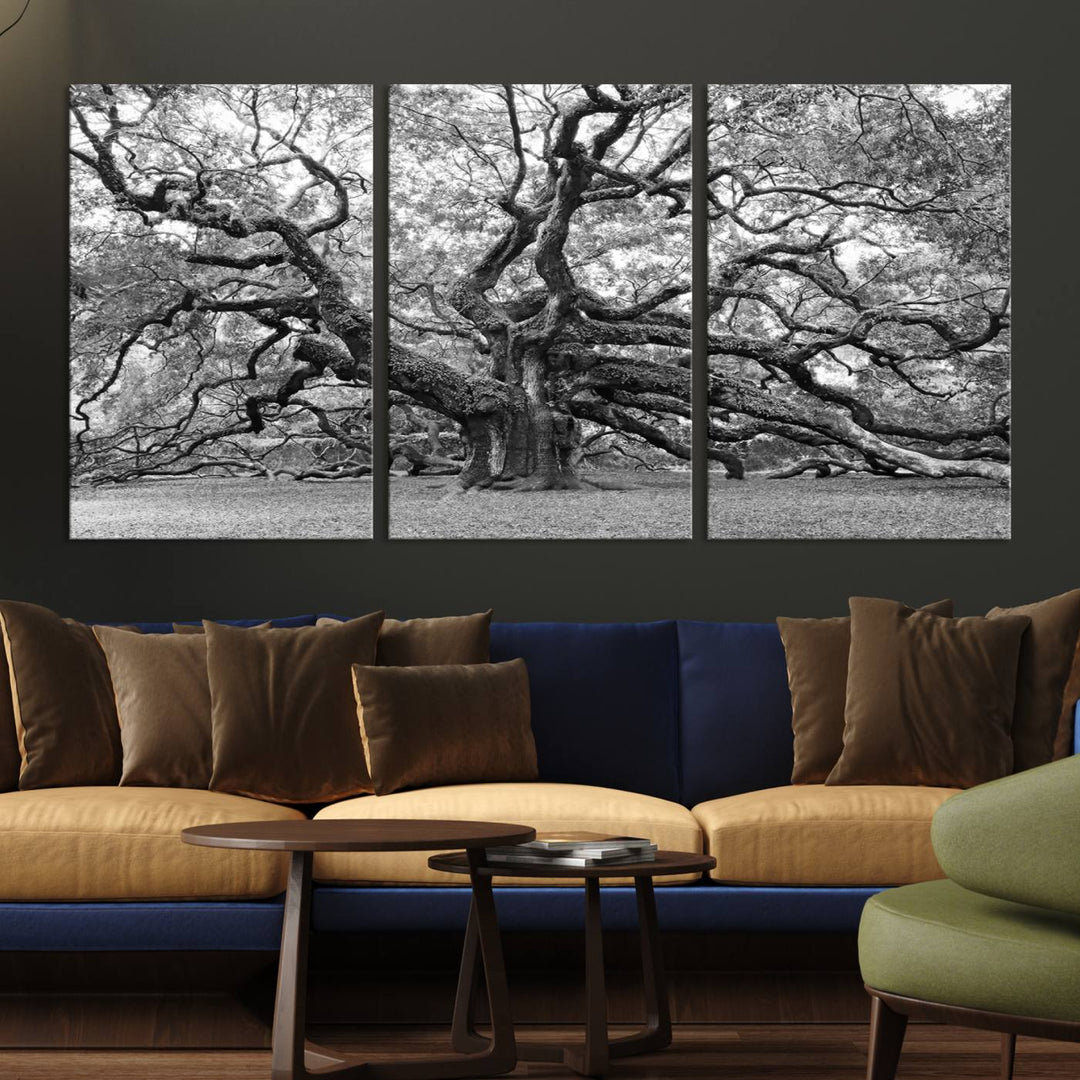 Black White Angel Oak Tree Wall Art - Timeless Nature-Inspired Canvas for Rustic, Modern, or Traditional Home Decor