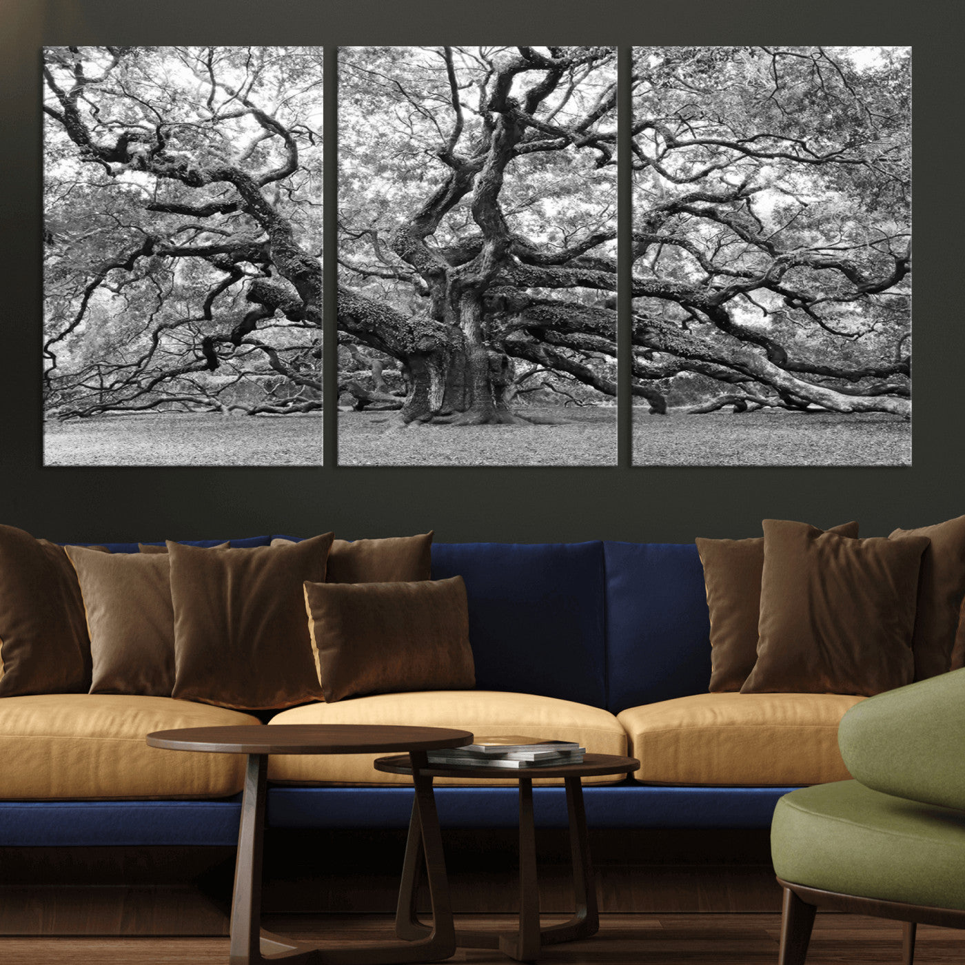 MGV-CV-60X30-3P - Black White Angel Oak Tree Wall Art - Timeless Nature-Inspired Canvas for Rustic, Modern, or
