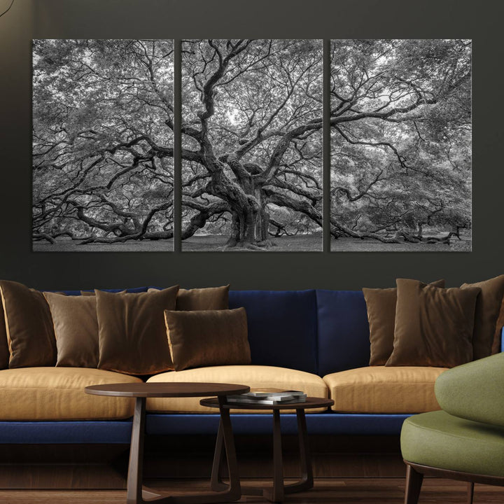 Majestic Angel Oak Tree Black and White Canvas Print – Multi Panel Wall Art, Giclée Print, Ready to Hang Nature Photography for Home Decor