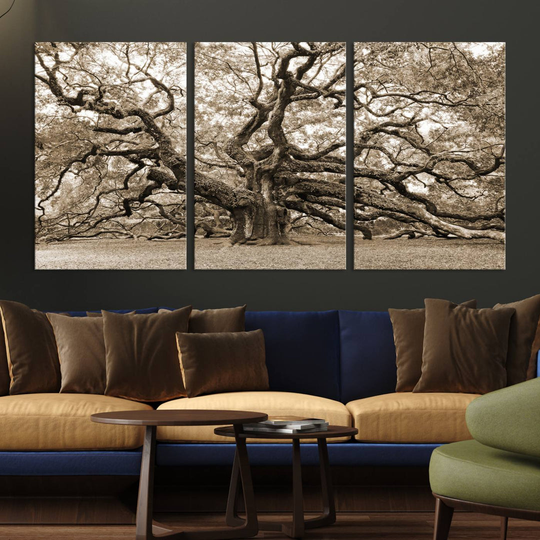 Displayed on the wall is a Sepia-framed Angel Oak Tree 3-panel canvas.