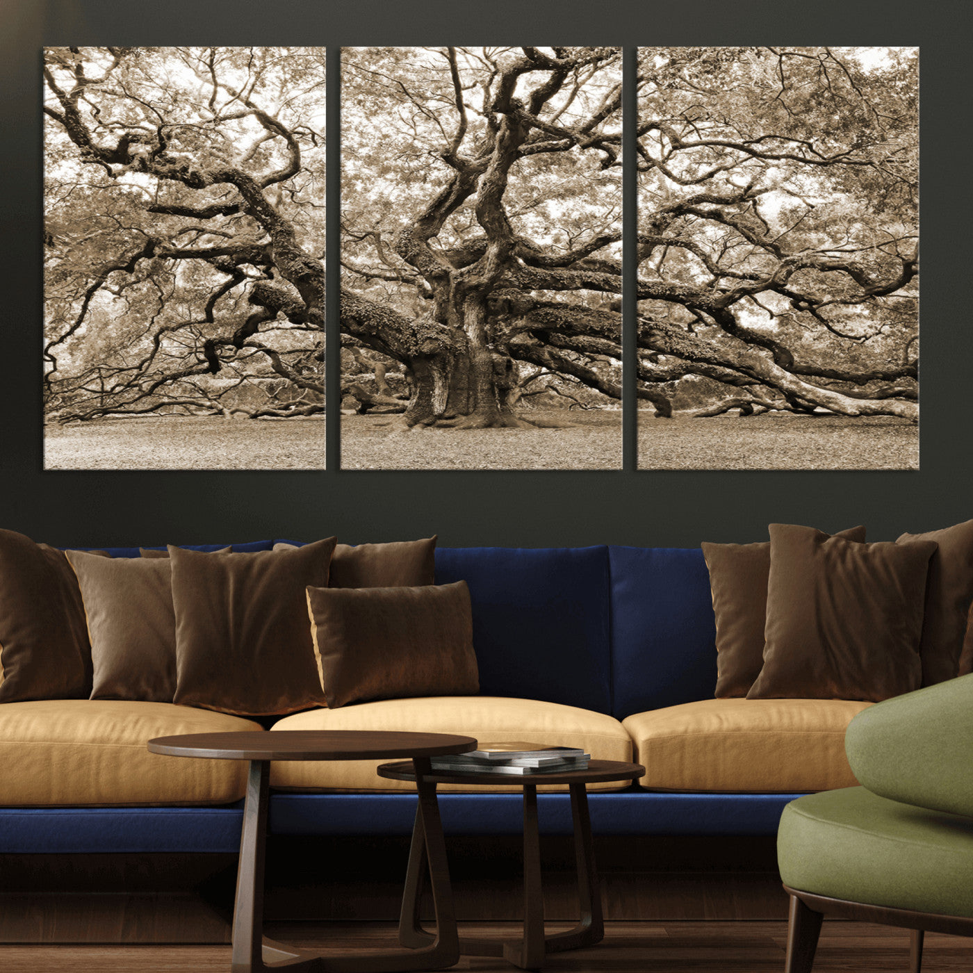51126-MGV-CV-36X24-Sepia Framed Angel Oak Tree Wall Art - 3-Panel Canvas Prints, Large Green Nature Artwork, Ready to