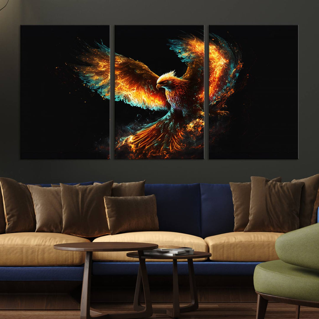 Fiery Phoenix Canvas Print | Ready to Hang Wall Art | Bold Fantasy Decor for Living Room | Majestic Bird Artwork