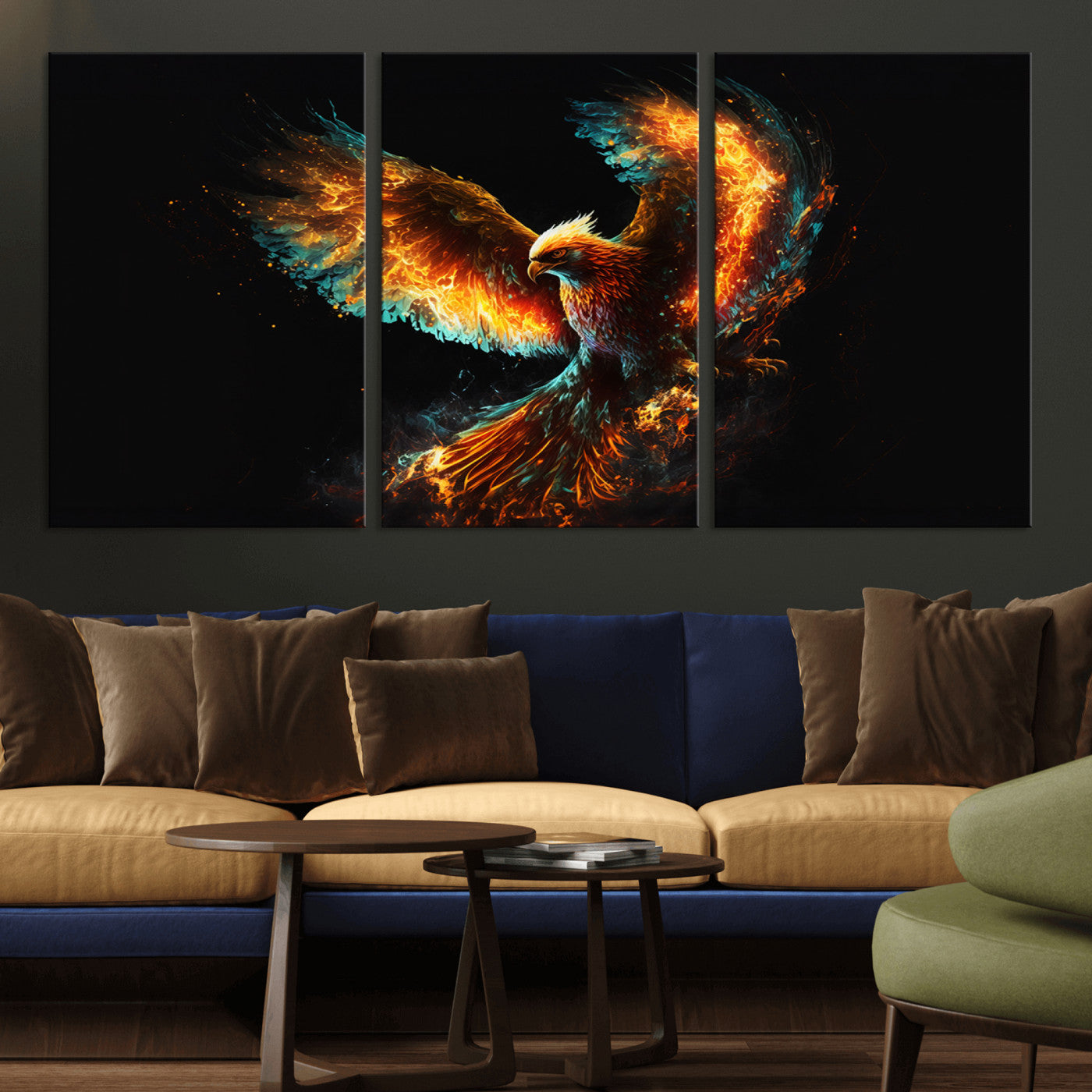 MGV-CV-60X30-3P - Fiery Phoenix Canvas Print | Ready to Hang Wall Art | Bold Fantasy Decor for Living Room | Majestic