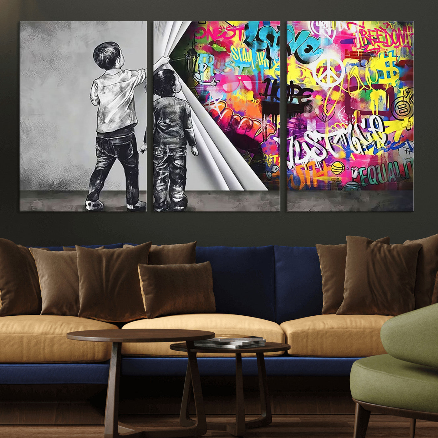 MGV-CV-60X30-3P - Banksy Print - Street Art Canvas Wall Art - Kids Revealing Graffiti, Urban Modern Decor for Living