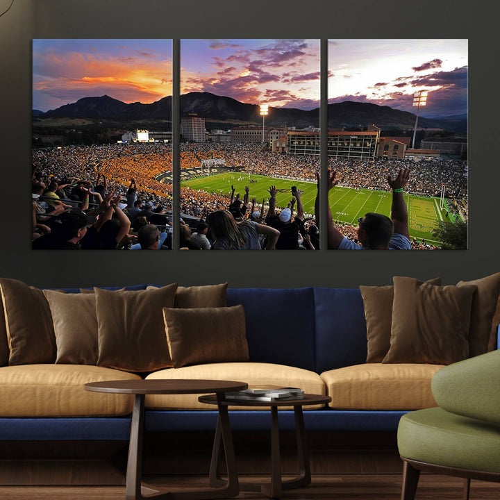 The Folsom Field Stadium Print beautifully captures the Colorado Buffaloes stadium at sunset, set against a stunning mountain backdrop.