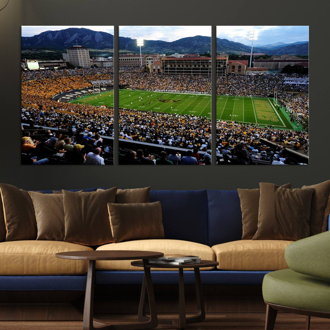 A canvas print captures the Colorado Buffaloes at Folsom Field, framed by mountains in the background.
