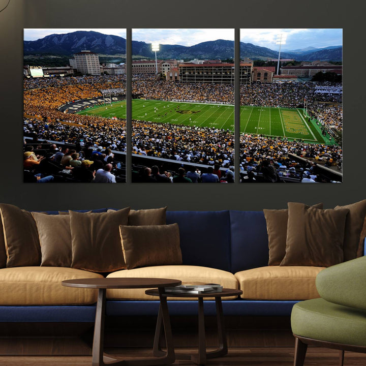 A canvas print captures the Colorado Buffaloes at Folsom Field, framed by mountains in the background.