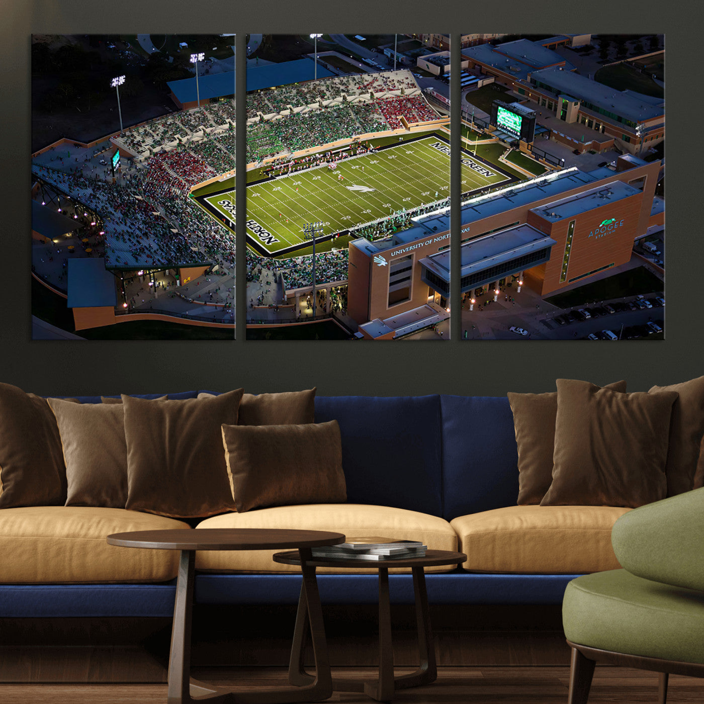 MGV-CV-60X30-3P - University of North Texas Mean Green Football Artwork, Football Team Print - Denton DATCU Stadium
