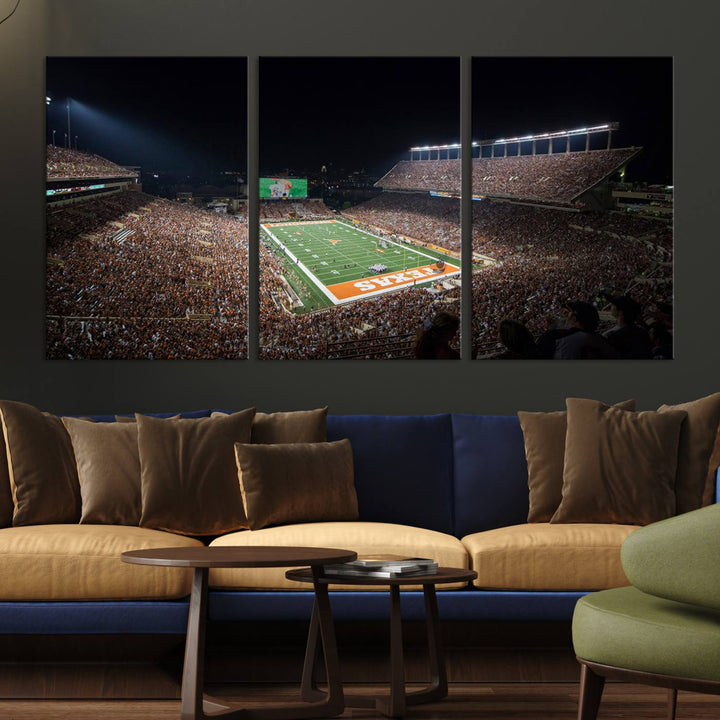 A football game at a packed stadium is captured on the University of Texas Longhorns Stadium Canvas Print.