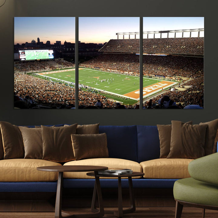 The Evening Game canvas art captures a glowing sunset and skyline at Texas Longhorns Darrell K Royal Stadium.
