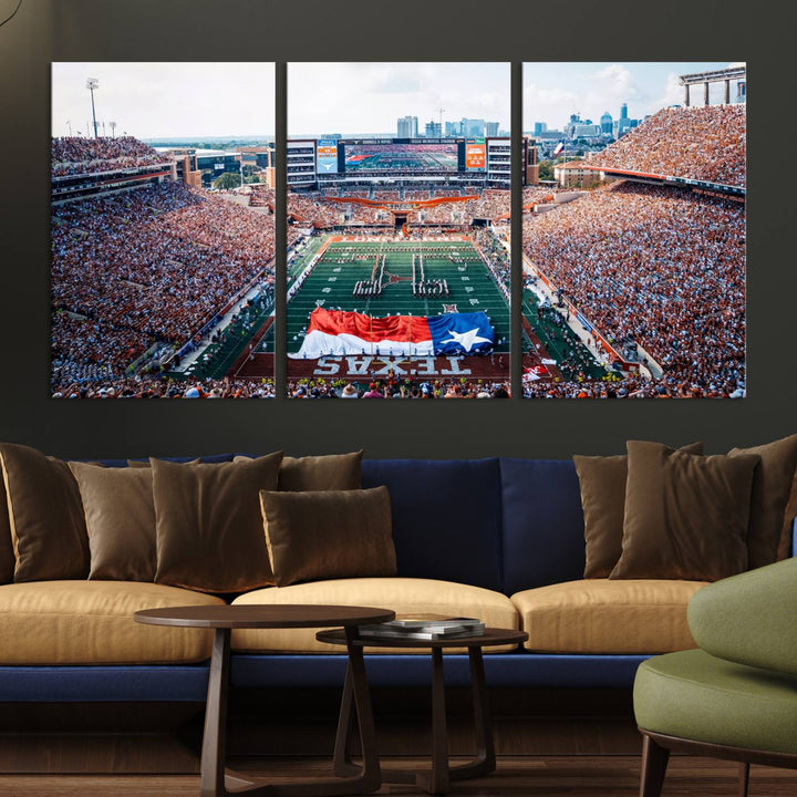 University of Texas Longhorns canvas: A premium print depicting Darrell K Royal-Texas Memorial Stadium with the city skyline and Texas flag.