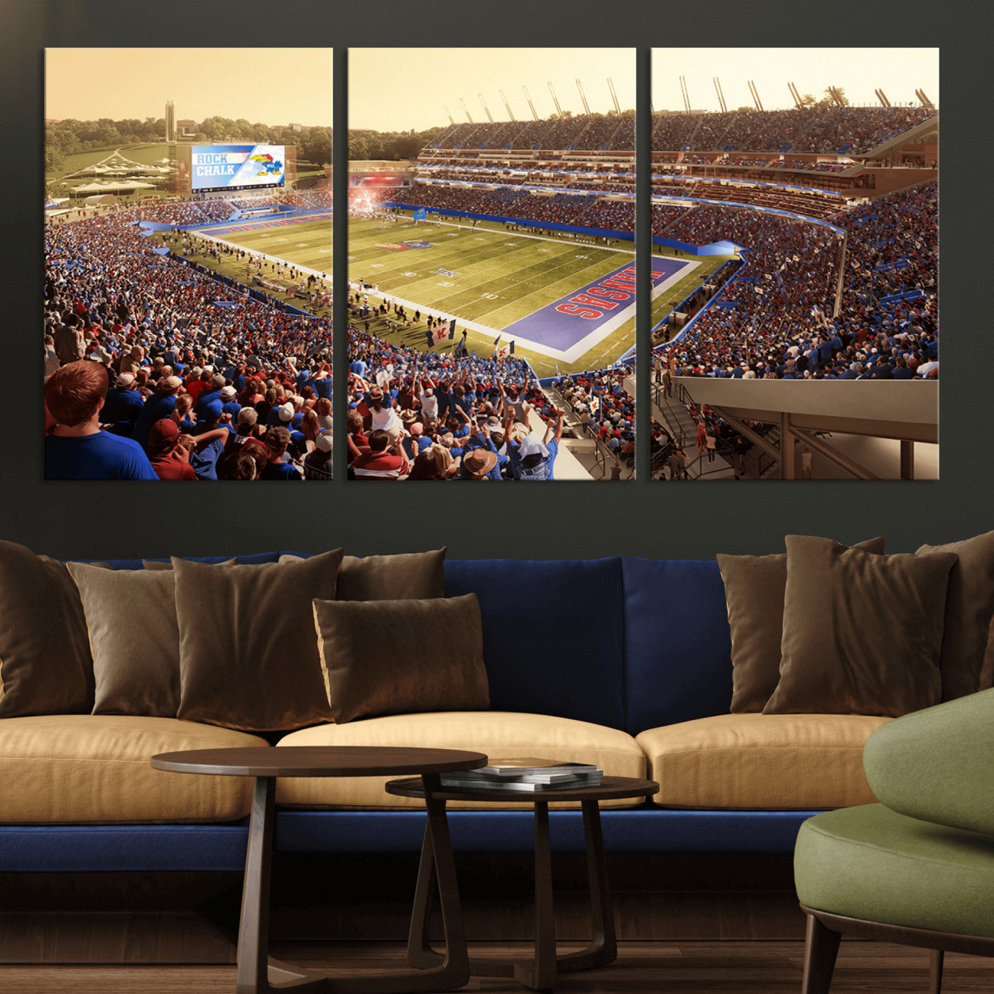 MGV-CV-60X30-3P - University of Kansas Jayhawks Football Team Print - Lawrence Kansas Memorial Stadium Wall Art Canvas