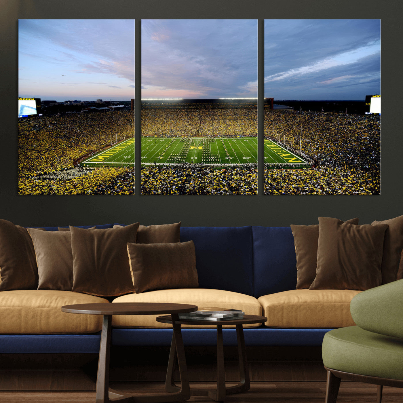 82641-MGV-CV-36X24 - Michigan Stadium Wall Art Canvas Print, Vibrant Game Day Crowd and Sunset Sky Football Field Artwork for Home, Office