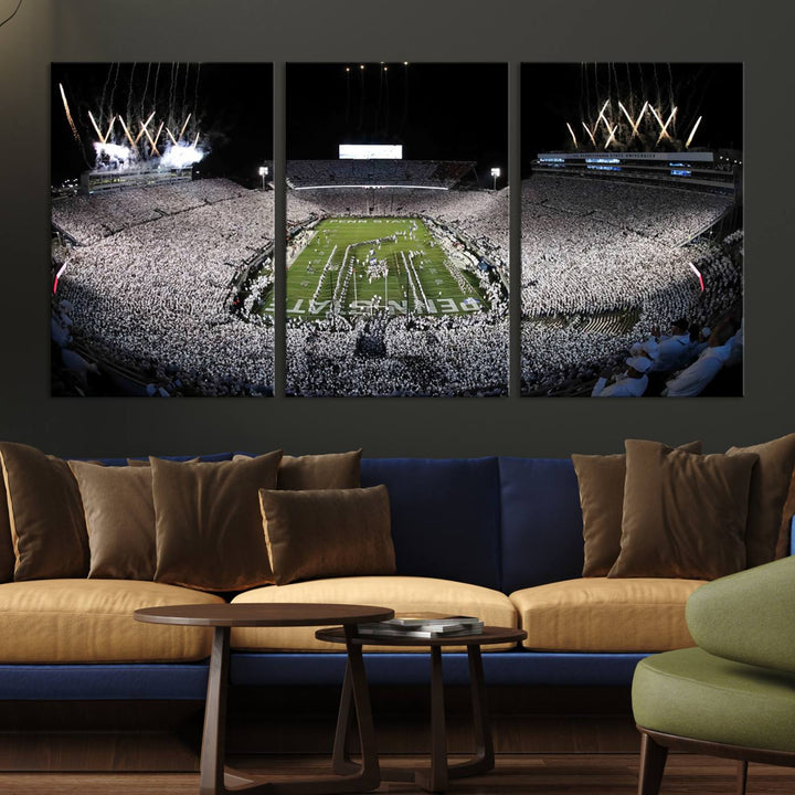 Wide-angle print of a packed stadium with fireworks, ideal gallery-quality wall art - Penn State Nittany Lions Canvas.