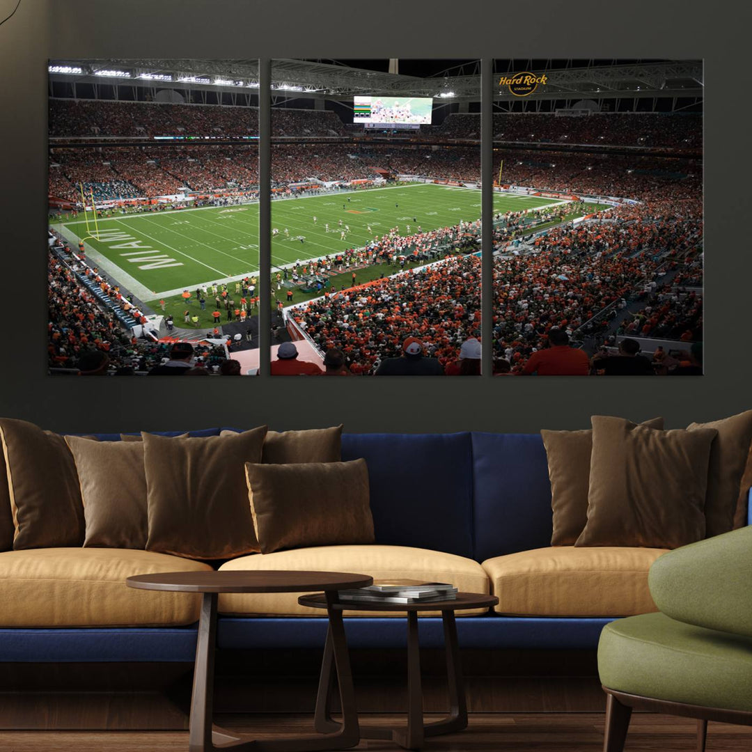 Aerial view of a Miami Hurricanes game at Hard Rock Stadium captured on canvas print, showcasing the teams on the field and fans in the stands.