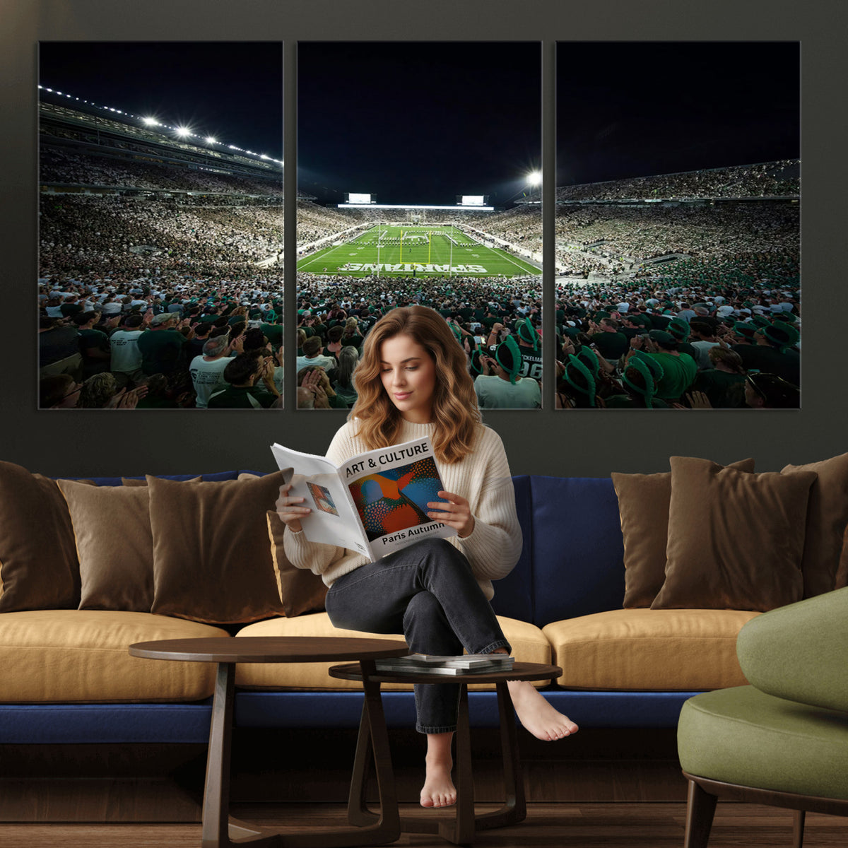57523-PAN-FL-20X10 - Framed Michigan State Spartans Football Team Print - East Lansing Spartan Stadium Wall Art Canvas