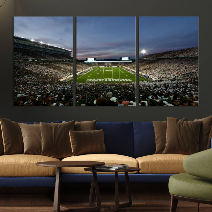 Wall art featuring a stadium at dusk with full stands—ideal for the Michigan State Spartans Football Team Canvas Print.