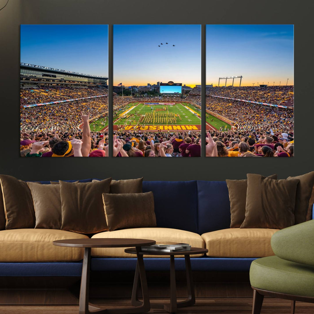 Canvas wall art featuring the University of Minnesota Football Team print, showcasing Huntington Bank Stadium at sunset with jets overhead.