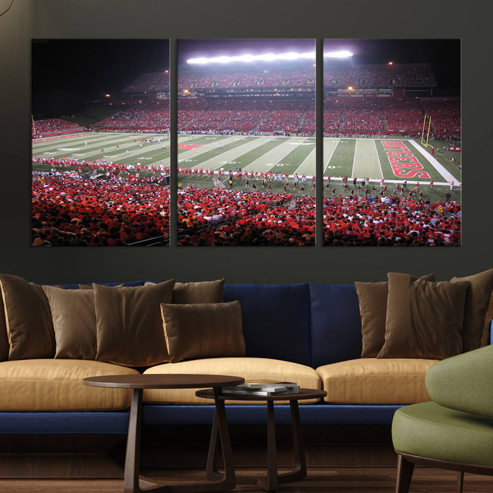 A bustling night game at SHI Stadium is captured as Rutgers Scarlet Knights wall art on a gallery-quality canvas print.