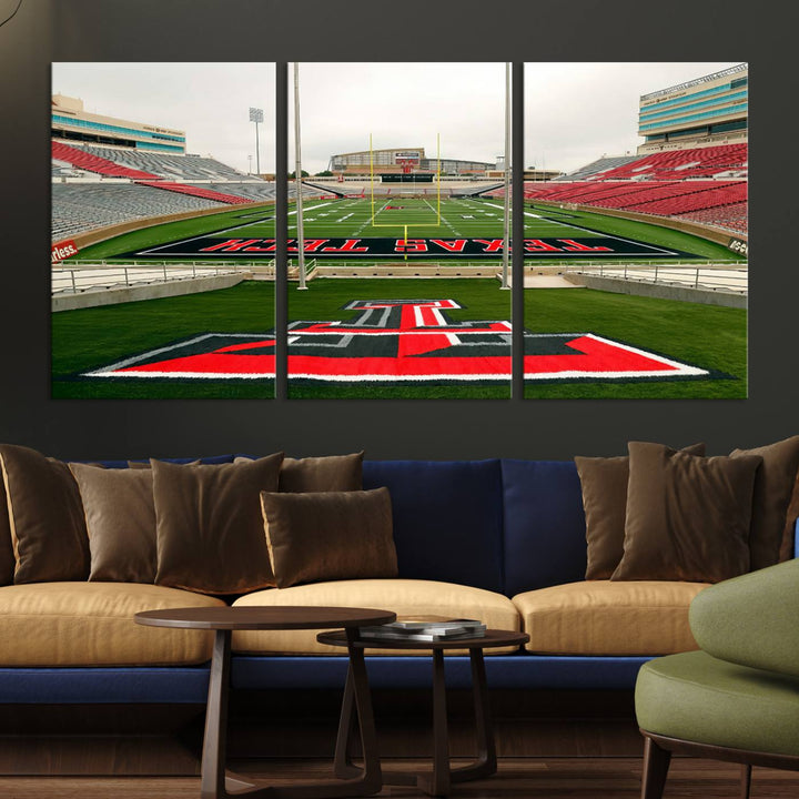 Gallery-quality print of Lubbock Jones AT&T Stadium featuring the Texas Tech Red Raiders field, highlighted by red and gray bleachers.