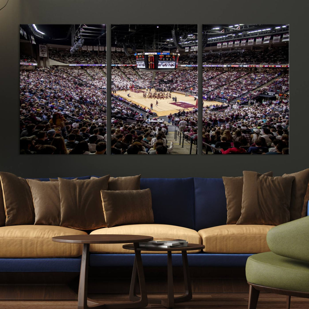 The Nebraska Basketball Arena Wall Art Canvas features an arena filled with Cornhuskers fans and players beneath a scoreboard.