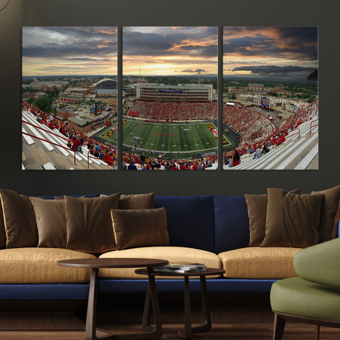 The University of Maryland Terrapins Football Team Print features SECU Stadium at sunset with vibrant skies.