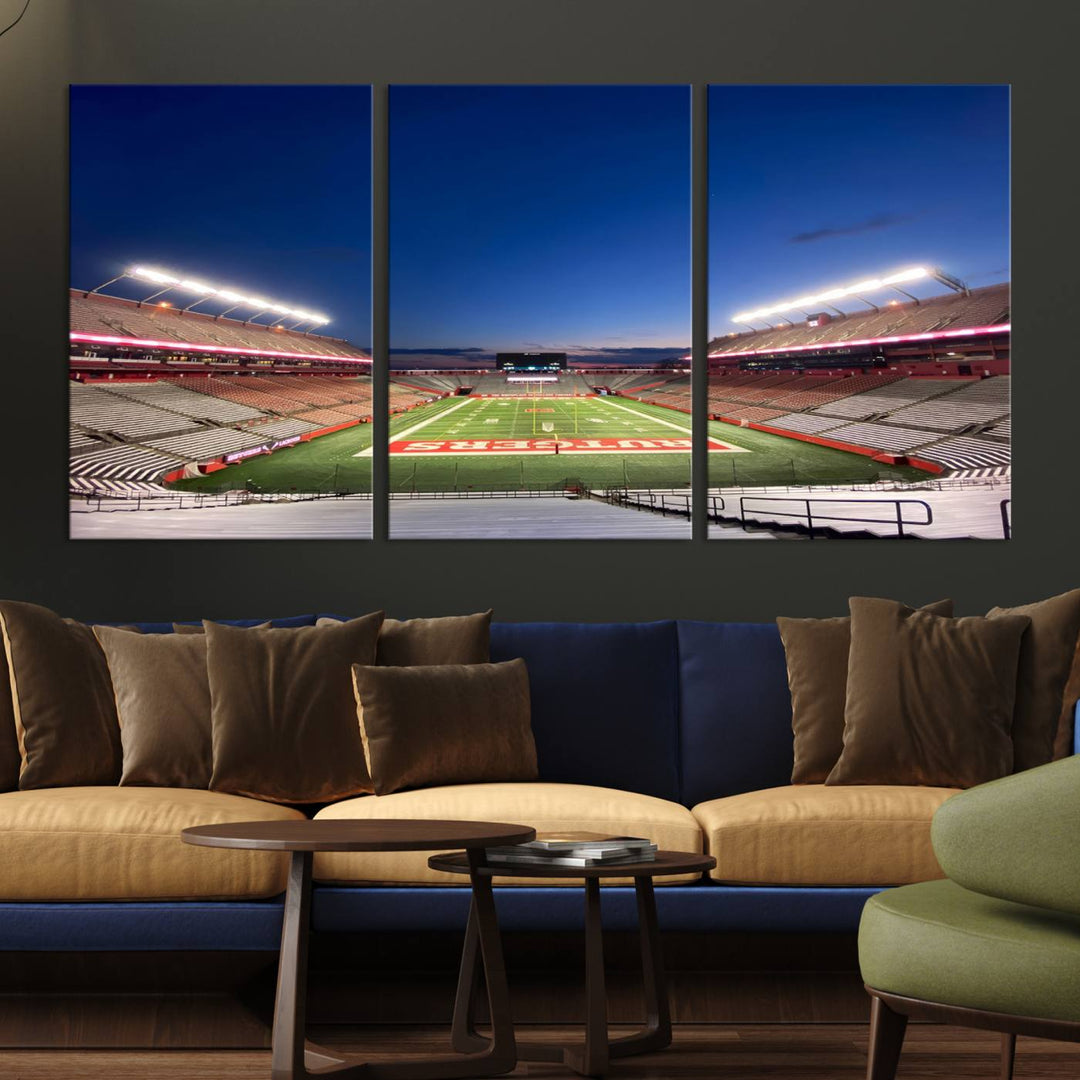 A large SHI Stadium at dusk, ideal for a Rutgers Scarlet Knights Football Team canvas print.