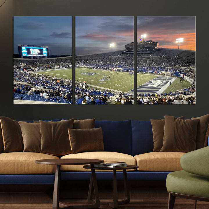 A Memphis Tigers football canvas print of Simmons Bank Liberty Stadium at sunset enhances the living room.