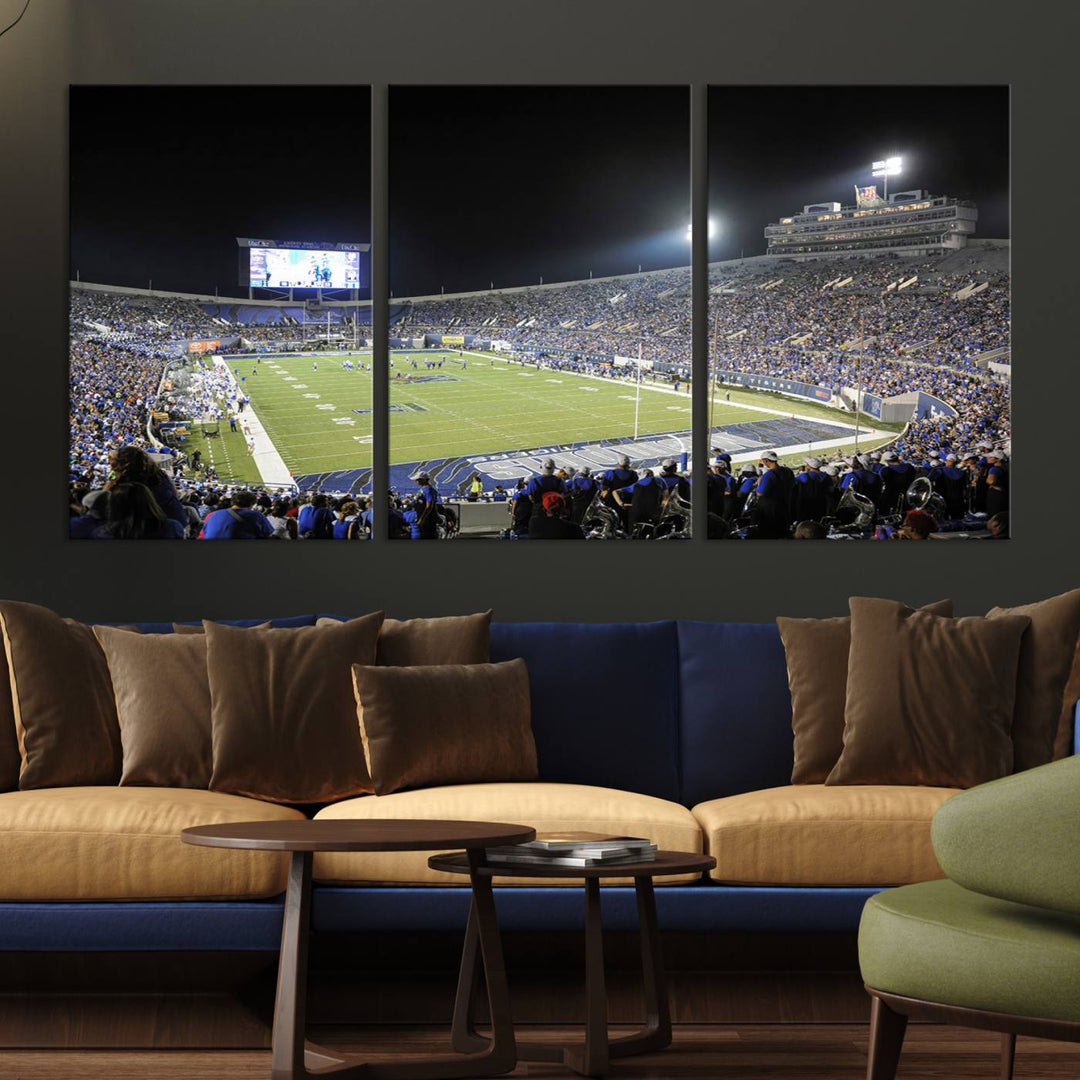 A vibrant depiction of Liberty Stadium at night, highlighting a Tigers football game on the large screen with stands filled with enthusiastic fans.