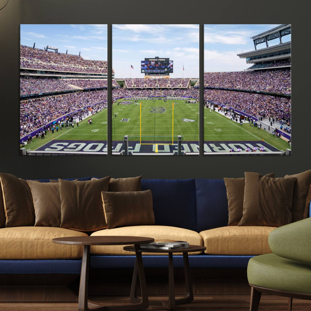 The TCU Horned Frogs print portrays a vibrant Amon G. Carter Stadium, filled with energy and game action.