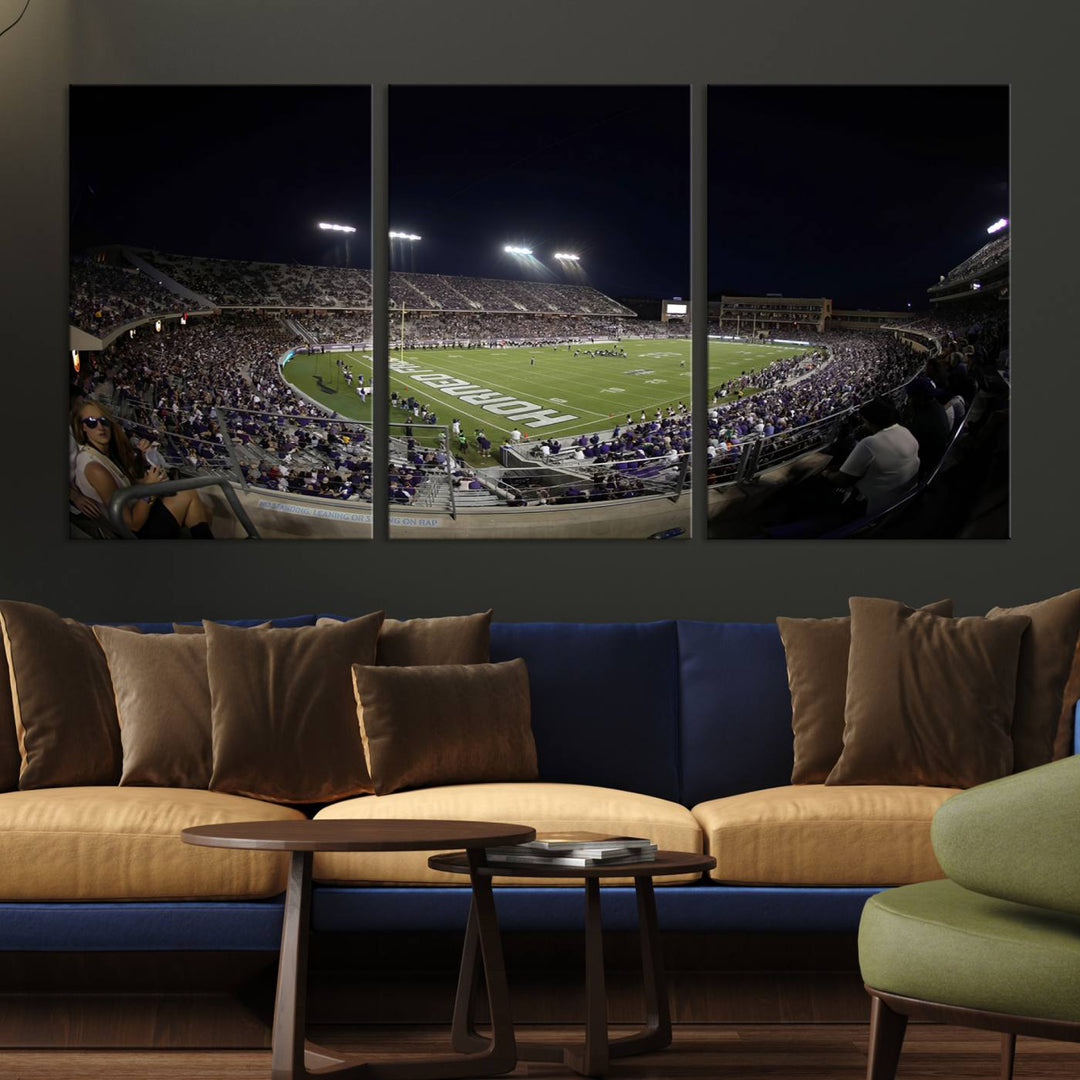 The wall art print features a night view of Amon G. Carter Stadium filled with TCU fans, showcased in the Horned Frogs Football Canvas Wall Art.